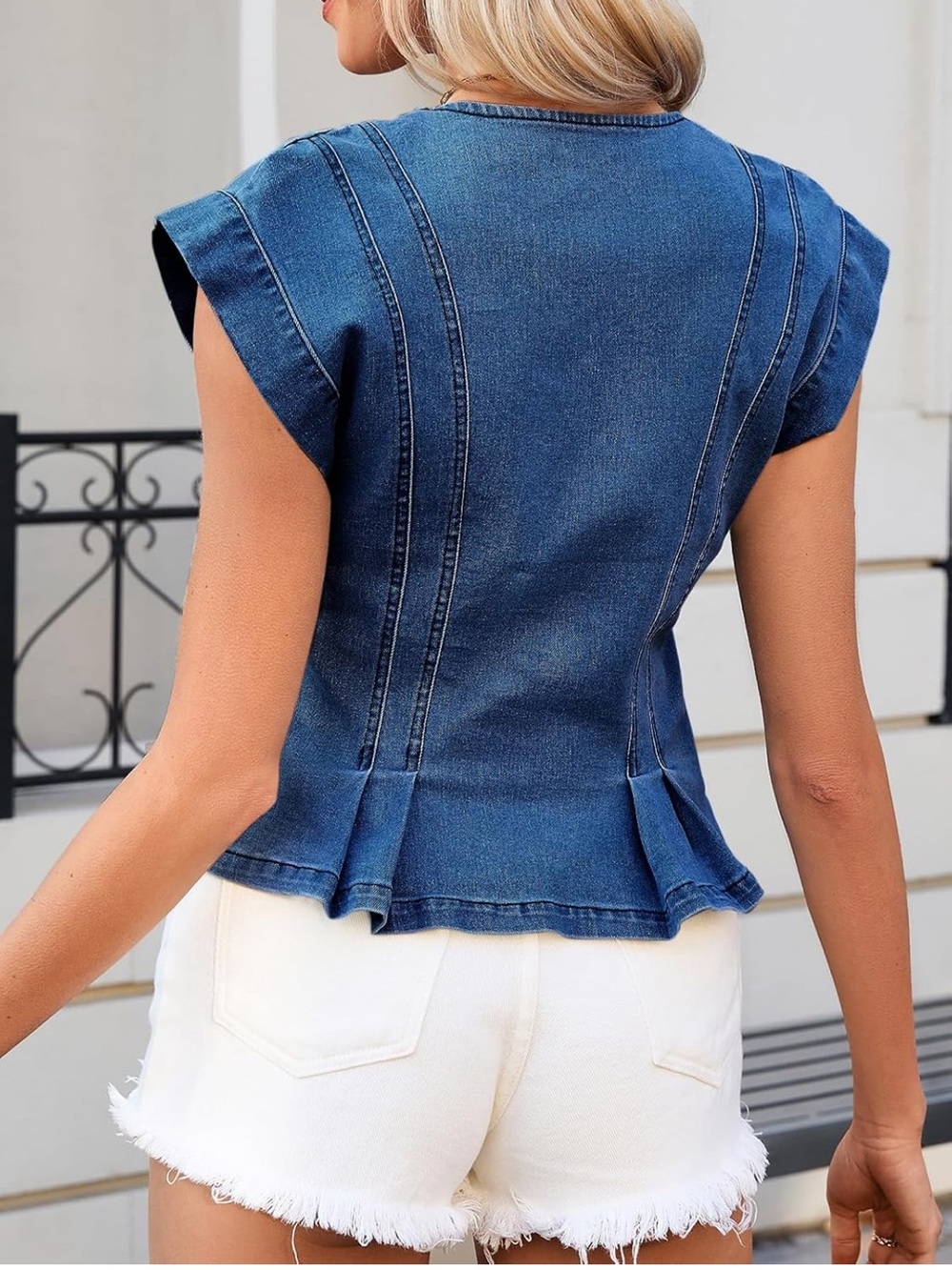 Tankaneko Dark Blue Denim Button-Front Women's Top - Picture 2 of 6